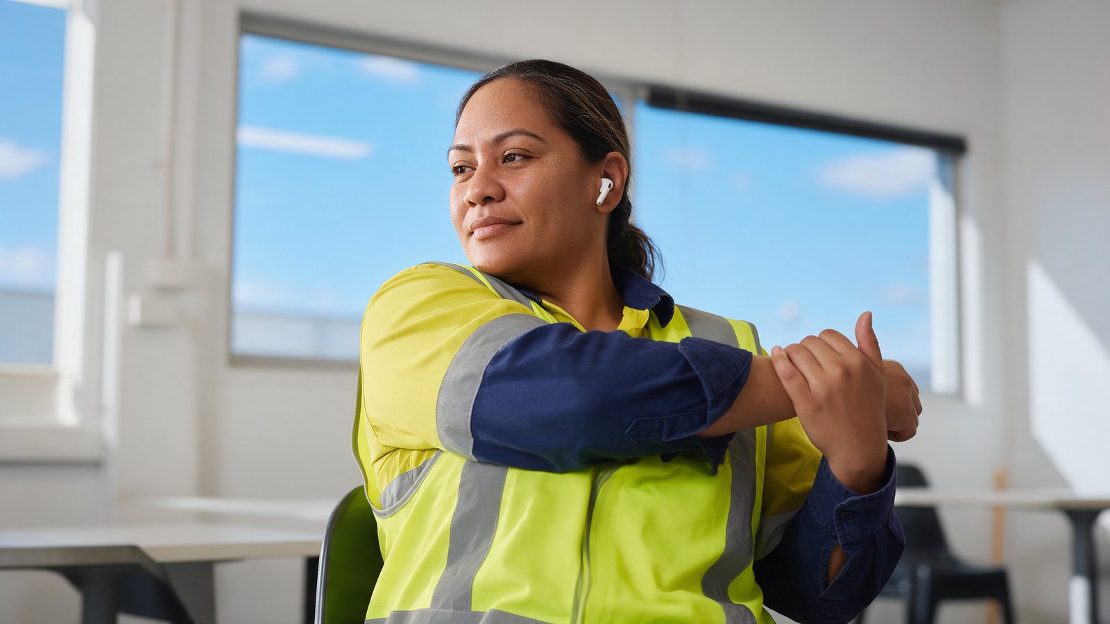 A worker in hi-vis stretching her arm during a break