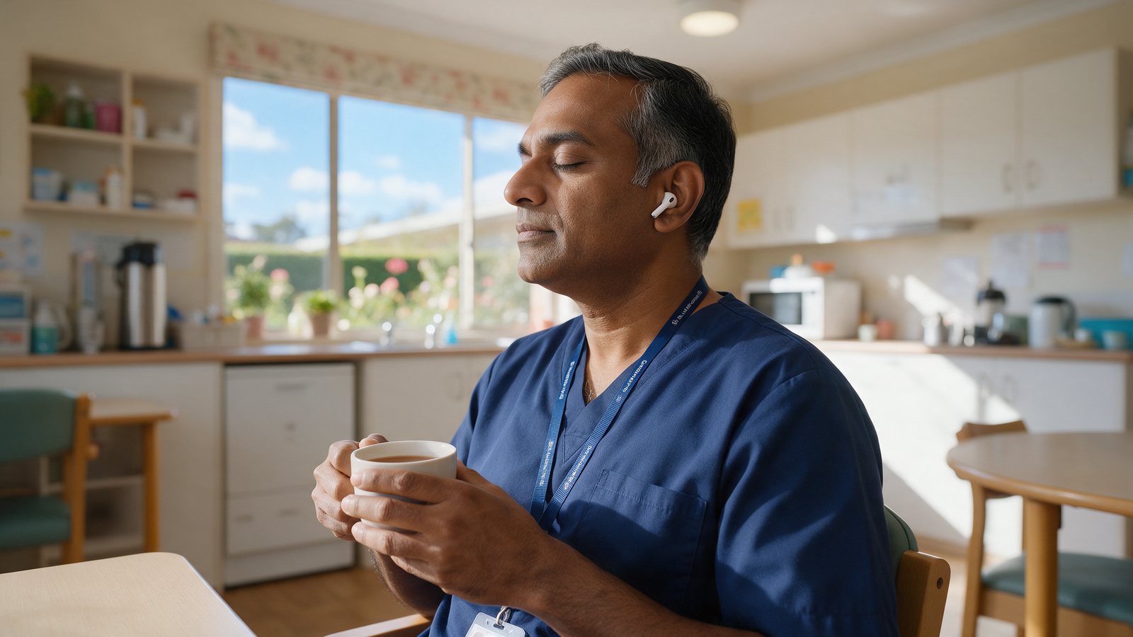 An aged care worker taking a quiet moment on his break