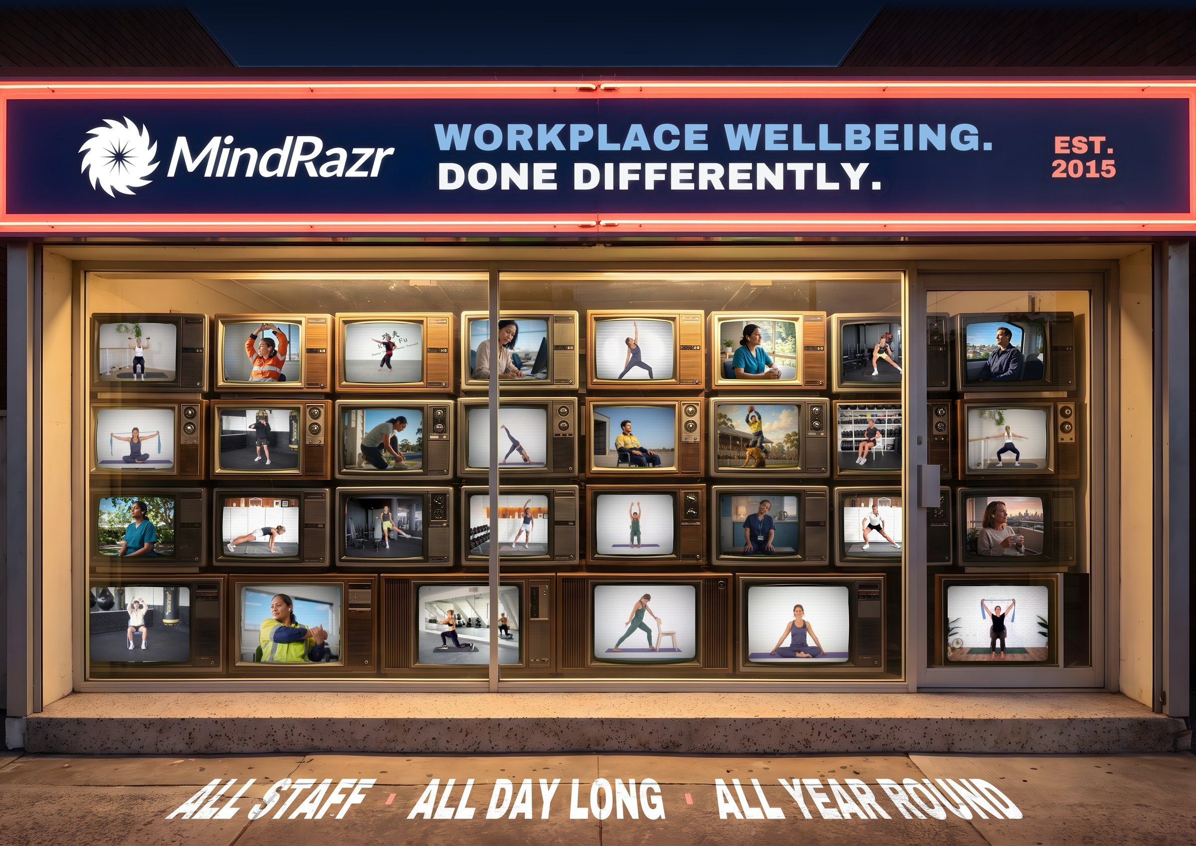 A retro TV shop front at night, every screen a different MindRazr session. Workplace wellbeing, done differently. All staff, all day long, all year round.