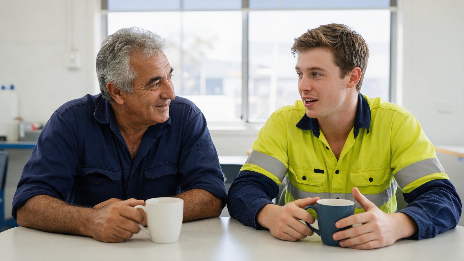 Two colleagues talking over a cup of tea on their break