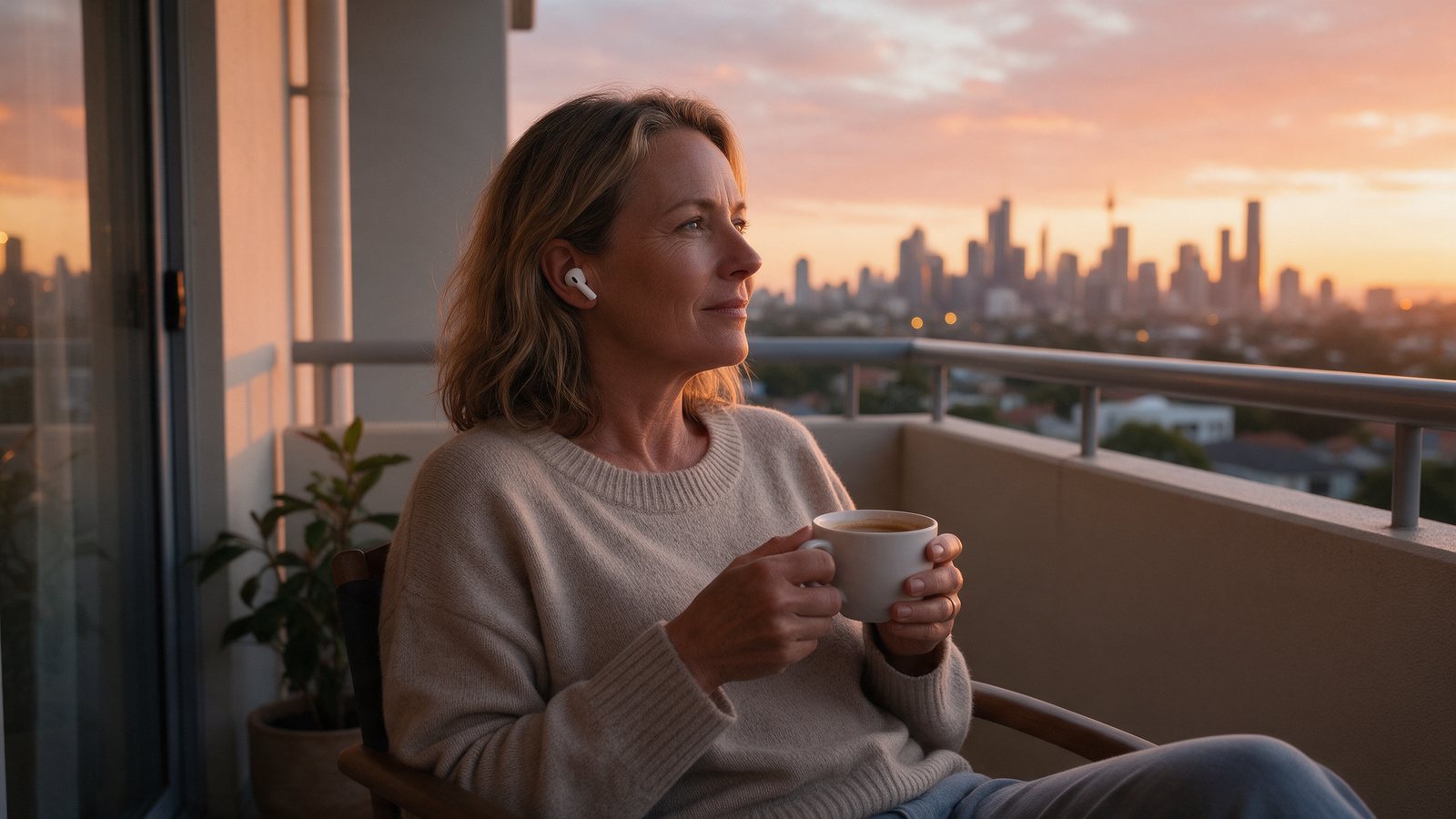 A woman winding down on her balcony at dusk